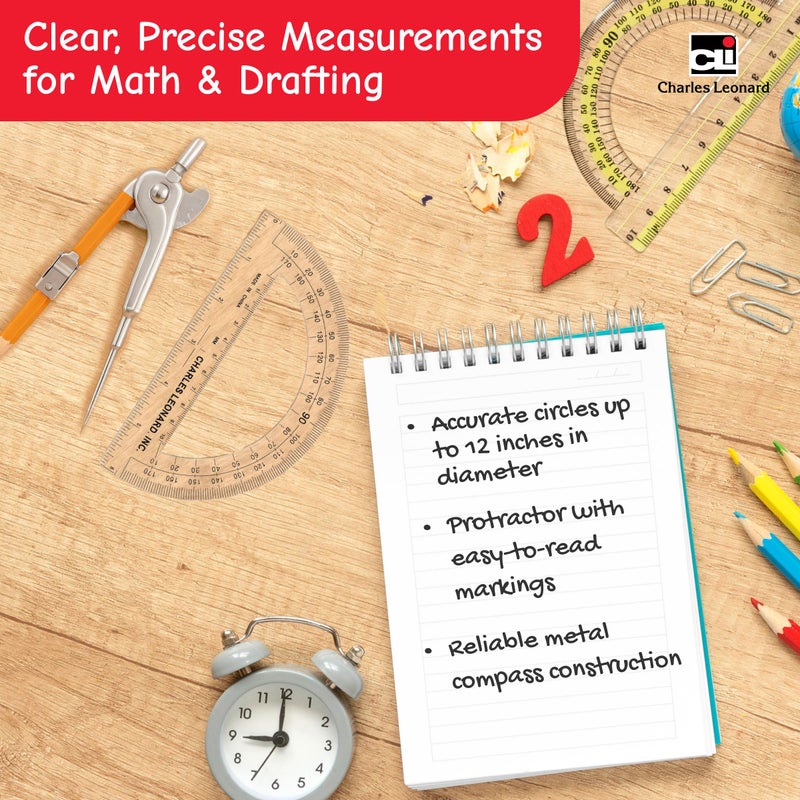 Charles Leonard Ball Bearing Compass and 6 Inch Protractor Combo Set, Metal/Clear Plastic, Assorted Colors, 1 Combo Pack (80960) - Image 4